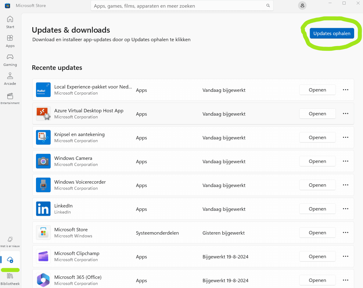 Windows 11 Microsoft Store updates zoeken en installeren.