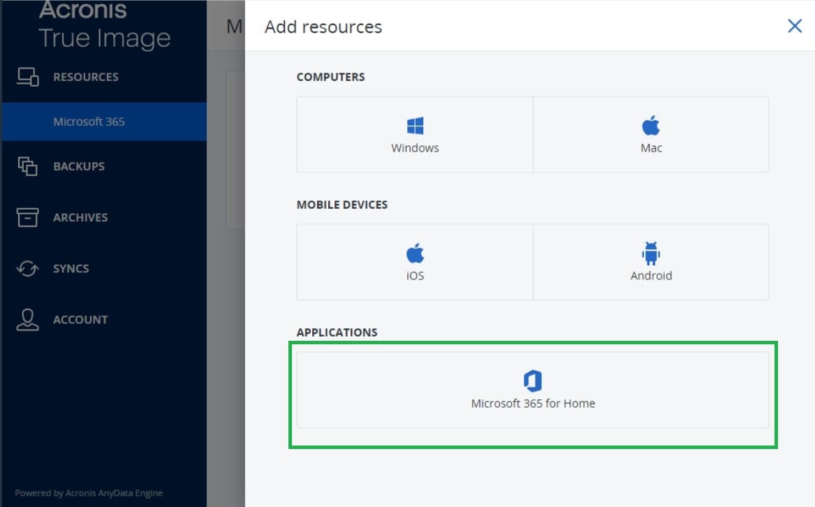 Acronis cyber protect home office back-up voor microsoft 365 voor thuisgebruik.